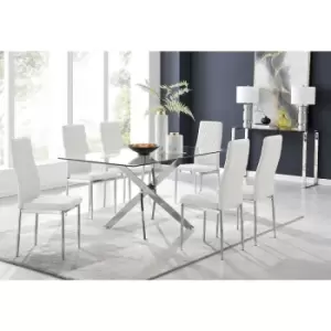 Furniturebox UK - Furniturebox Leonardo 150cm Modern Glass And Chrome Metal Leg Dining Table And 6 White Milan Faux Leather Silver Chrome Leg Dining