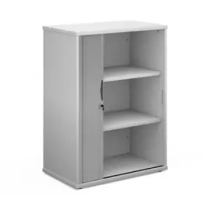 Universal single door tambour cupboard 1090mm high with 2 shelves - white with silver door