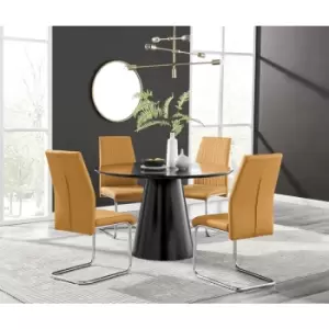 Furniturebox Palma Black Semi Gloss 120cm Round Minimalist Dining Table & 4 Mustard Lorenzo Chairs