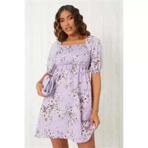 I Saw It First Lilac Woven Floral Print Shirred Bust Longline Mini Dress - Purple