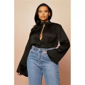 I Saw It First Black Plus Size Hammered Satin Key Hole Peplum Top - Black