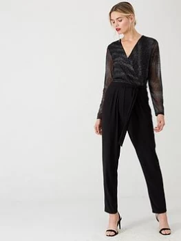 Wallis Sparkle Mesh Sleeve Jumpsuit - Black, Size 14, Women