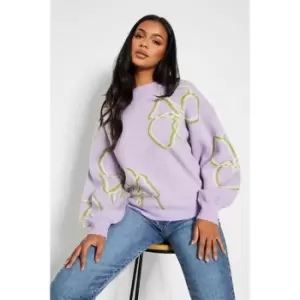 I Saw It First Flower Jacquard Fluffy Oversized Jumper - Purple