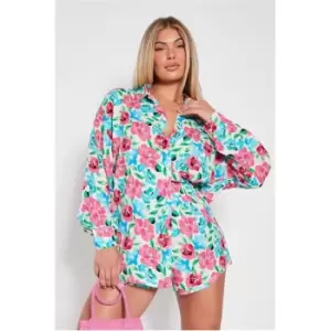 I Saw It First Blue Printed Long Sleeve Button Front Oversized Shirt - Blue