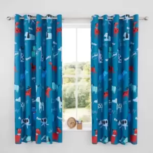 Catherine Lansfield Woofing Dogs Blue Eyelet Curtains Blue