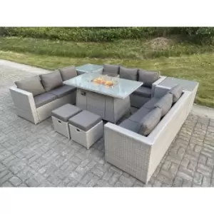 Fimous 9 Seater Outdoor Light Grey PE Rattan Lounge Complete Sofa Set with Gas Fire Pit Heater and 2 Stools