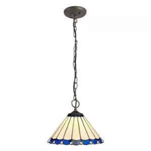 3 Light Downlighter Ceiling Pendant E27 With 30cm Tiffany Shade, Blue, Crystal, Aged Antique Brass - Luminosa Lighting