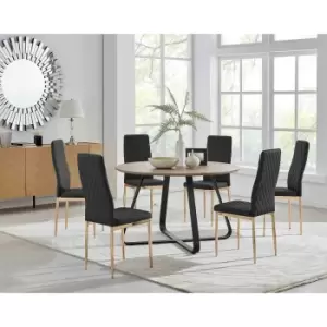 Furniture Box Santorini Brown Round Dining Table and 6 Black Gold Leg Milan Chairs