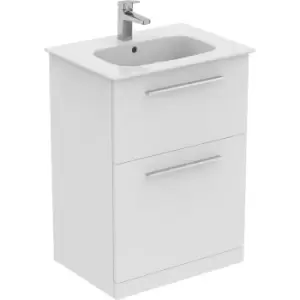 Ideal Standard i. life A Double Drawer Floor Standing Unit with Basin Matt 600mm with Brushed Chrome Handles in White