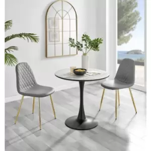 Furniturebox UK - Furniturebox Elina White Marble Effect Modern 80cm Round Dining Table & 2 Grey Corona Faux Leather Dining Chairs with Gold Legs