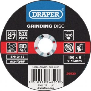 Draper Depressed Centre Grinding Disc 100mm 6mm 16mm