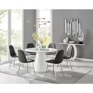 Furniturebox Palma White High Gloss 6 Seat Minimalist Post Modern Round Dining Table & 6 Black Corona Faux Leather Dining Chairs with Silver Legs