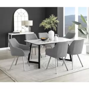 Furniturebox Carson White Marble Effect Rectangular 160cm Dining Table & 6 Dark Grey Falun Silver Leg Fabric Chairs