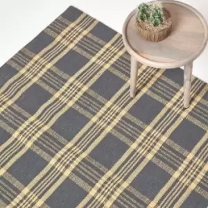 Douglas Grey and Yellow Tartan Check Non-Slip 100% Wool Rug, 70 x 120cm - Grey - Homescapes