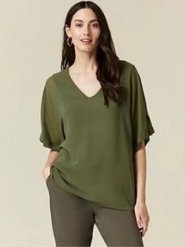 Wallis Tab Sleeve Overlayer Top - Khaki, Size S, Women