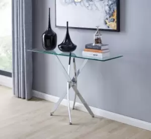 Leonardo Rectangular Glass Console Table with Metal Angled Starburst Legs for Modern Living Room