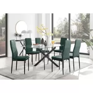 Furniturebox UK - Furniturebox Leonardo 6 Black Leg Glass Dining Table and 6 Green Milan Velvet Dining Chairs With Black Legs Diamond Stitch Modern