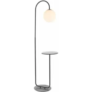 Satin Black Floor Lamp with Side Table - 1750mm Height - Opal Sphere Glass Shade