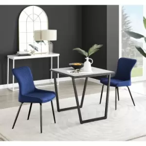 Furniturebox Carson White Marble Effect Square Dining Table & 2 Blue Nora Black Leg Velvet Chairs