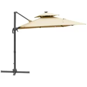 Outsunny 3M Cantilever Parasol LED Patio Umbrella For Lawn Beach Poolside - Khaki