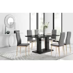 Furniture Box Imperia 6 Black Dining Table and 6 Grey Velvet Milan Gold Leg Chairs