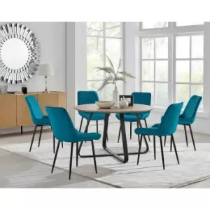 Furniture Box Santorini Brown Round Dining Table and 6 Blue Pesaro Black Leg Chairs