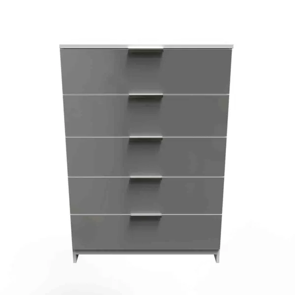 Welcome Furniture Ready Assembled Plymouth 5 Drawer Chest In Uniform Grey Gloss & White