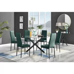 Furniturebox UK - Furniturebox Novara Black Leg 120cm Round Glass Dining Table & 6 Green Milan Velvet Dining Chairs With Black Legs Diamond Stitch