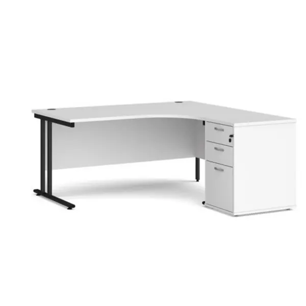 Office Desk Right Hand Corner Desk 1600mm With Pedestal White Top With Black Frame Maestro 25