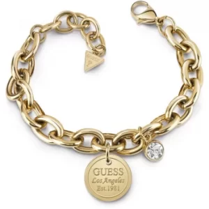 GUESS gold plated chain bracelet with coin charm and Swarovski crystal.