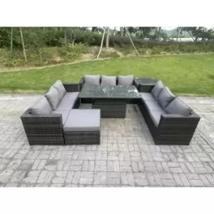 Fimous 9 Seater Dark Grey Outdoor Rattan Sofa Dining Complete Set with Adjustable Table and Big Footstool