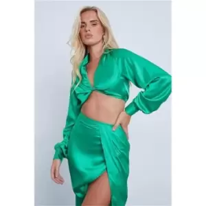 I Saw It First Emerald Green Satin Twist Front Long Sleeve Cropped Blouse - Green