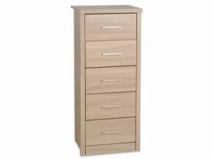 Seconique Lisbon Light Oak Effect 5 Drawer Tall Narrow Chest of Drawers Flat Packed