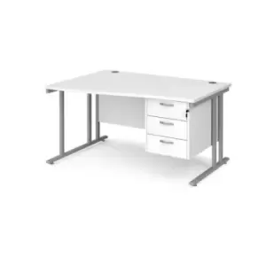 Office Desk Left Hand Wave Desk 1400mm With Pedestal White Top With Silver Frame Maestro 25 MC14WLP3SWH