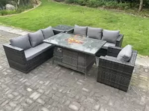 Fimous 7 Seater Outdoor Dark Grey Rattan Lounge Complete Sofa Set with Gas Fire Pit Dining Table and Heater