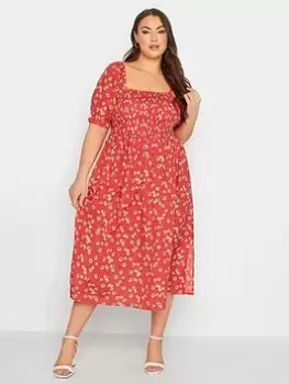 Yours Shirred Maxi Dress Red Daisy, Red, Size 30-32, Women