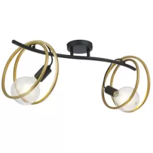 Luminosa Wales Double Ring Ceiling Lamp Flush, 2 Light E27, Matt Black, Painted Gold