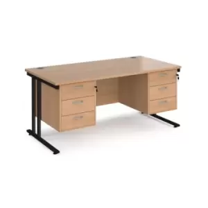 Office Desk Rectangular Desk 1600mm With Double Pedestal Beech Top With Black Frame 800mm Depth Maestro 25 MC16P33KB