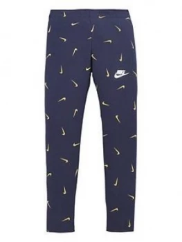 Nike Girls NSW Favorites All Over Print Leggings, Navy, Size XS, Women