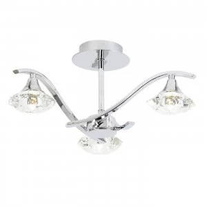 3 Light Semi Flush Multi Arm Ceiling Light Chrome, Clear Crystal, G9