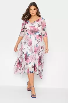 YOURS LONDON Curve White Floral Cowl Neck Mesh Dress