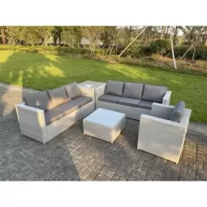 Fimous 7 Seater Light Grey Rattan Outdoor Lounge Complete Sofa Set with Chair, Sofa Side Table, Square Coffee Table