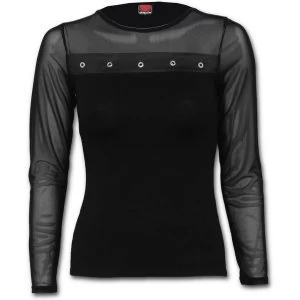 Gothic Rock Mesh Sleeve High Stud-Band Womens X-Large Long Sleeve Top - Black