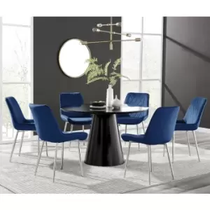 Furniturebox Palma Black Semi Gloss 120cm Round Minimalist Dining Table & 6 Navy Pesaro Silver Leg Chairs