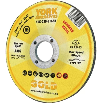 York Abrasives Gold - 100 X 6 X 16MM A30 S Reinforce Grinding Discs for Metal - Ty