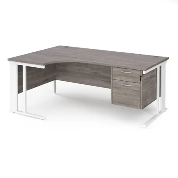 Maestro 25 left hand ergonomic desk 1800mm wide with 2 drawer pedestal - white cable managed leg frame, grey oak top