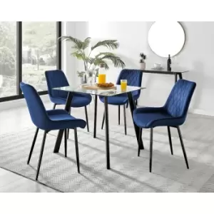 Furniturebox Seattle Glass and Black Metal Leg Square Dining Modern Industrial Dining Table & 4 Navy Pesaro Black Leg Velvet Chairs