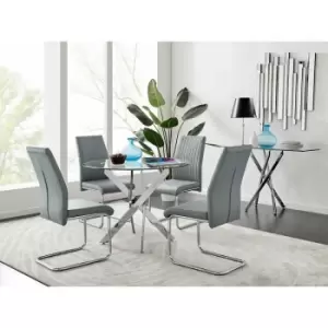 Novara Chrome Metal Round Glass Dining Table And 4 Elephant Grey Lorenzo Dining Chairs - Elephant Grey