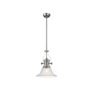 Worcester Single Ceiling Pendant, E27, 30cm Bell Glass, Satin Nickel, Clear