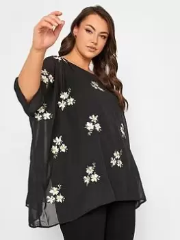 Yours Embroidered Daisy Cape Top, Black, Size 20, Women